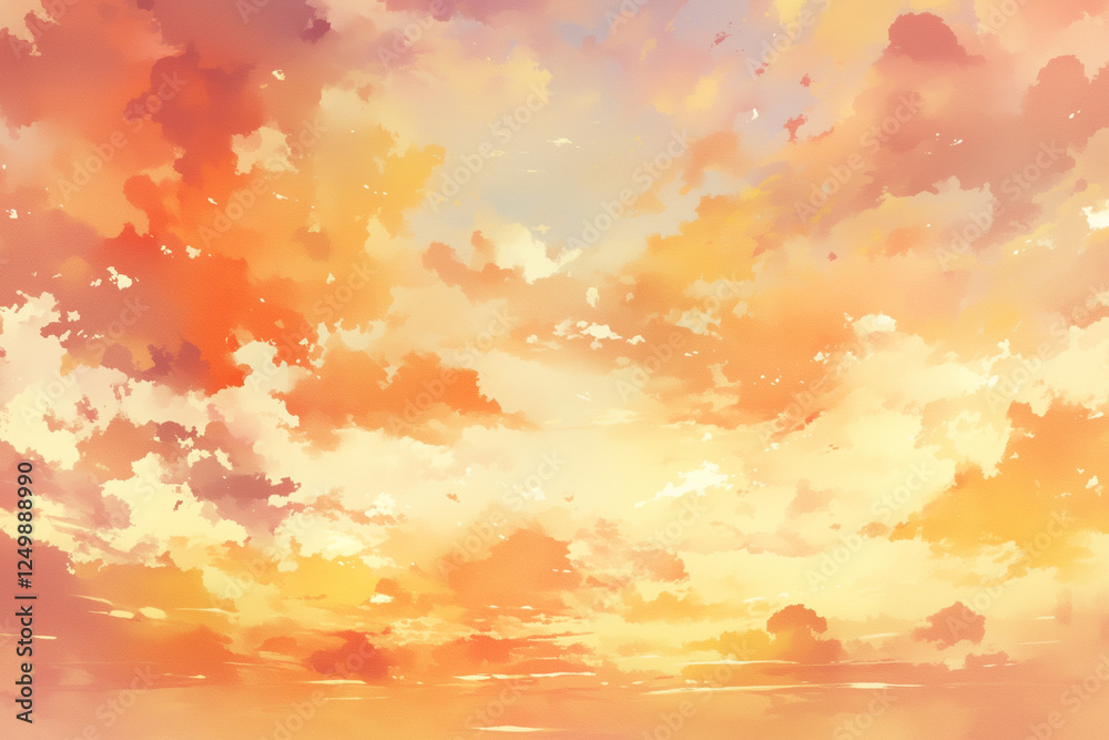 Fototapeta premium 夕焼け空、夕日、オレンジ、水彩イラスト