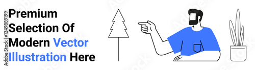 Man in blue shirt pointing to a tree with potted plant and bold typography. Ideal for minimalism, nature, eco-friendly themes, posters, education, sustainability, digital ads, flat landing page