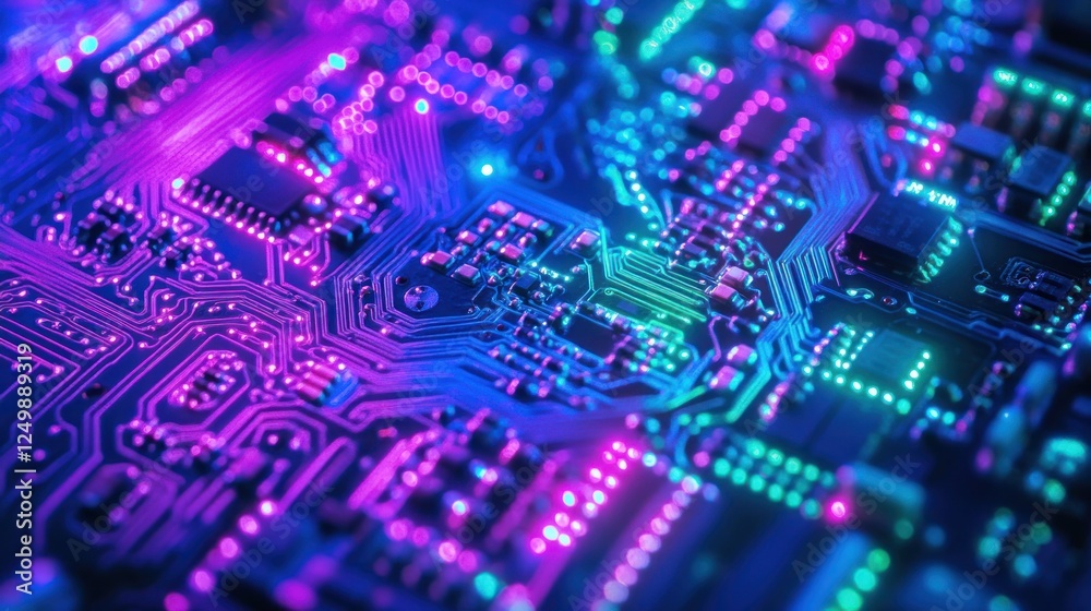 Fototapeta premium Close-up of vibrant purple and blue circuit board with glowing components and intricate pathways.