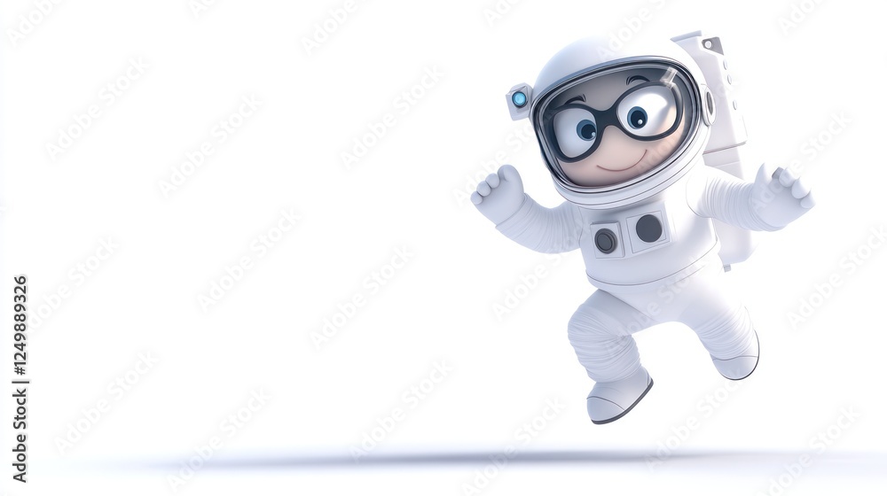 A cheerful cartoon astronaut in a spacesuit joyfully leaps against a white backdrop. A cheerful cartoon astronaut in a spacesuit joyfully leaps against a white backdrop.