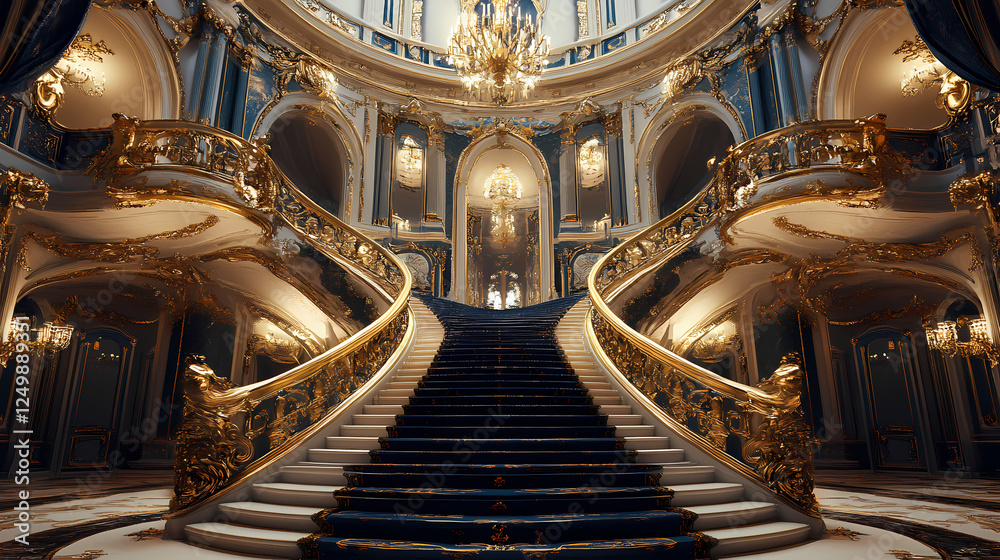 Grand staircase with gilded banister, sweeping curves, and ornate chandeliers, luxury, opulence, baroque style. Gilded Opulence. Illustration Grand staircase with gilded banister, sweeping curves, and ornate chandeliers, luxury, opulence, baroque style. Gilded Opulence. Illustration