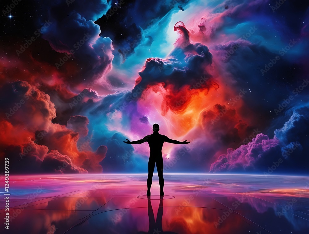 Mystical silhouette of a figure amidst a glowing cosmic storm of vibrant red, blue, and purple nebulae, reflected beautifully on a smooth, glossy surface Mystical silhouette of a figure amidst a glowing cosmic storm of vibrant red, blue, and purple nebulae, reflected beautifully on a smooth, glossy surface