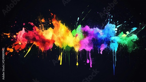 Rainbow paint splatters explode across a dark background