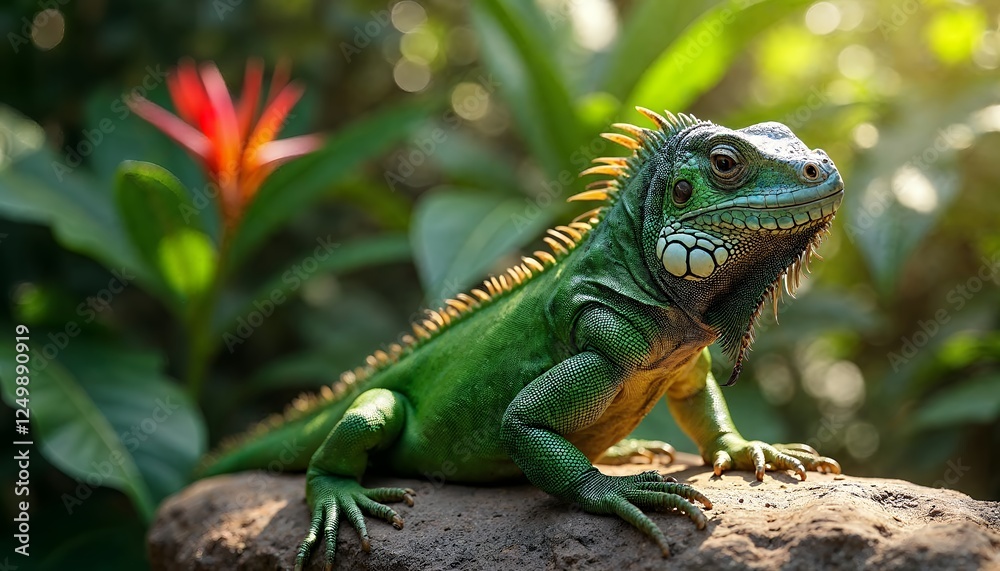Green Iguana Resting on Rock with Lush Tropical Foliage Behind Green Iguana Resting on Rock with Lush Tropical Foliage Behind