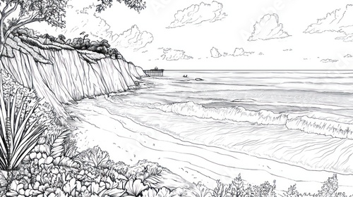 Coastal cliffside beach sketch, ocean waves, pier background; travel brochure