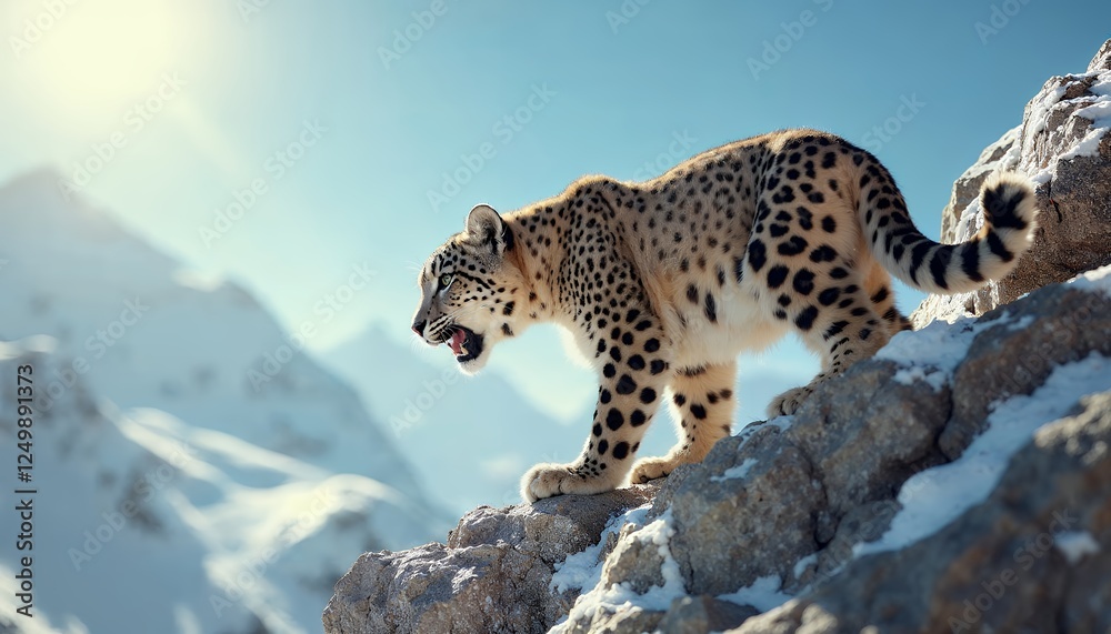 Snow Leopard Stalking on Rocky Terrain with Snowy Mountain Backdrop Snow Leopard Stalking on Rocky Terrain with Snowy Mountain Backdrop