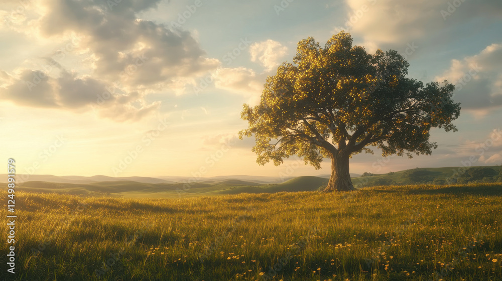 Obraz premium A tranquil nature landscape featuring a rolling meadow with rich green pastures, a majestic oak tree standing proudly against an open sky