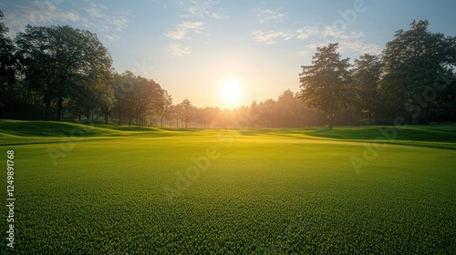 Sunrise on a golf course fairway with trees in the background