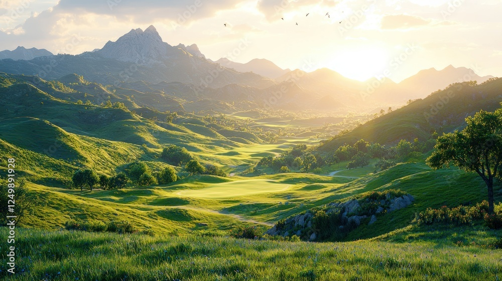 Fototapeta premium Sunrise over valley golf course, mountains, birds. Possible use travel brochure, nature calendar