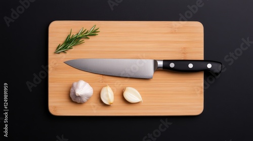 A sharp kitchen knife resting on a wooden cutting board with garlic and rosemary, ready for cooking photo