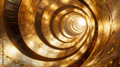 The gilded spiral architecture features exquisite golden patterns gracefully ascending, reflecting luxury and creativity in a contemporary interior. Gilded Opulence. Illustration