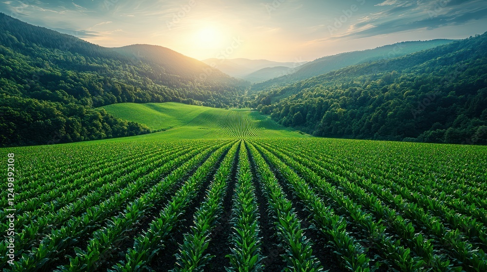 Sunrise over valley with rows of young corn crops Sunrise over valley with rows of young corn crops