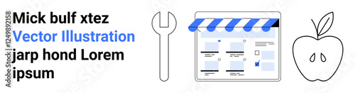 Wrench tool, storefront icon with blue awning, apple with seeds, heading, and placeholder text. Ideal for web design, development, online shops, DIY projects creative services minimal designs tech