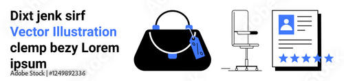 Black handbag with tag, minimalist office chair, r sum with profile photo and stars. Ideal for job search, online shopping, recruitment, professional reviews, fashion retail, interior design flat