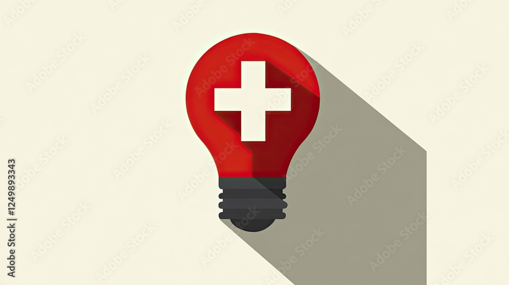 Obraz premium Red lightbulb with white cross, flat design, long shadow, healthcare idea.