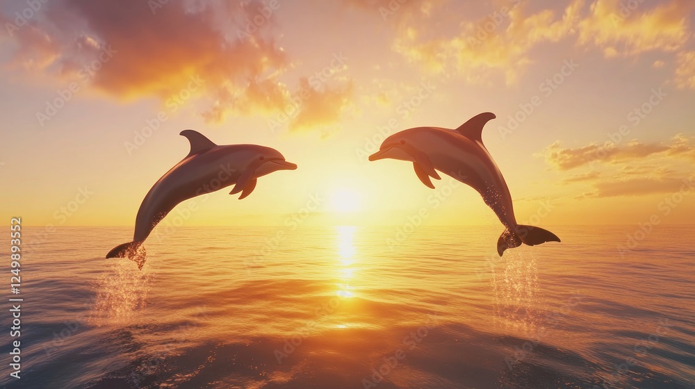 Fototapeta premium Dolphins leaping into the sunset