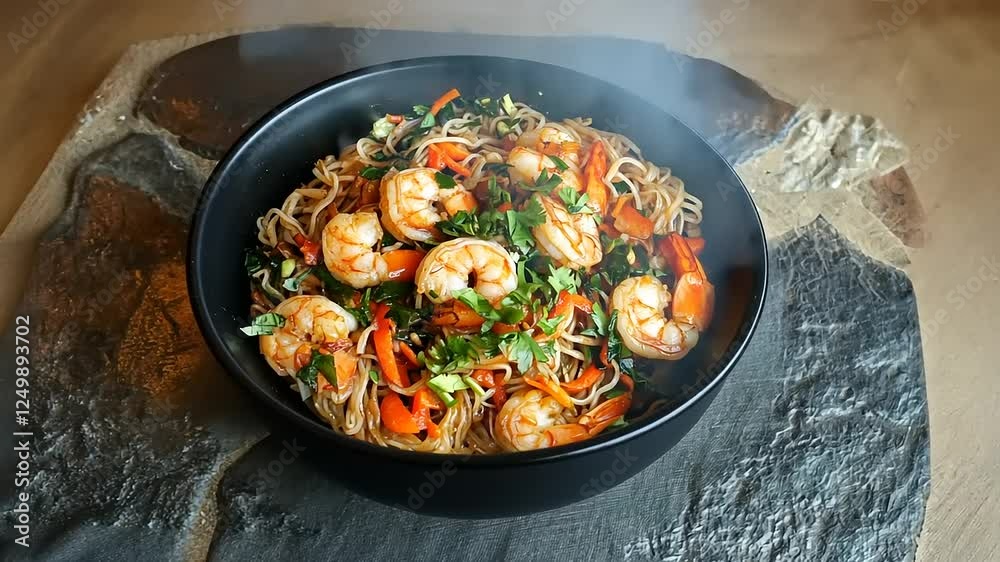 Delicious Shrimp Noodles with Colorful Vegetables and Herbs Delicious Shrimp Noodles with Colorful Vegetables and Herbs