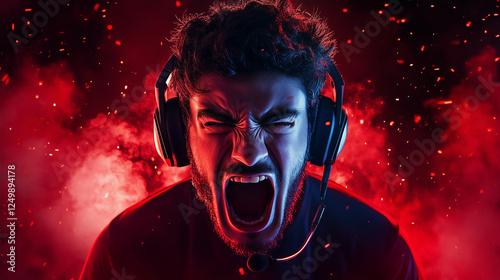 YouTube thumbnail professional gamer excitement, shock, set against red-black background