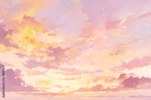 朝焼け空、水彩イラスト