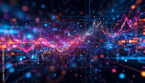 glowing stock market graph and data analytics with tecnology background. colorful tecnology background. Digital business trends, economic progress. trading, economy, financial growth, business trends