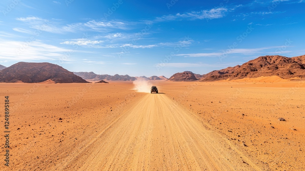 A vehicle travels along a dusty road through a vast desert landscape under a clear blue sky, surrounded by mountains. A vehicle travels along a dusty road through a vast desert landscape under a clear blue sky, surrounded by mountains.