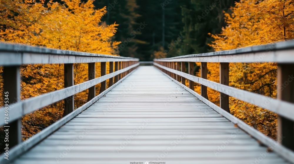 A serene wooden bridge stretches into a vibrant autumn landscape, framed by golden foliage under a peaceful forest canopy. A serene wooden bridge stretches into a vibrant autumn landscape, framed by golden foliage under a peaceful forest canopy.