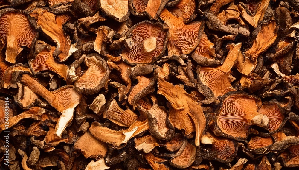 Collection of dried mushrooms arranged in an artistic pattern on a wooden surface Collection of dried mushrooms arranged in an artistic pattern on a wooden surface