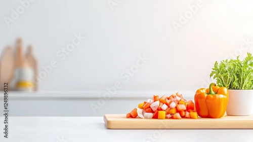 Freshly chopped vegetables and herbs on a wooden cutting board in a bright kitchen setting photo