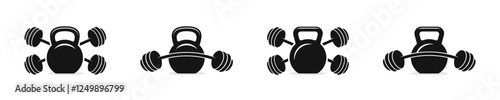 Kettlebell and barbell icons. Set of different kettlebells. Kettlebell, barbell, dumbbell vector illustration. Weightlifting icons.