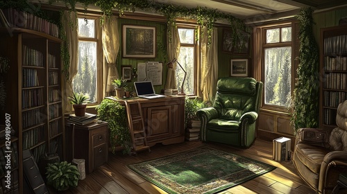 Sunlit study room with green armchair, bookshelves, plants, and laptop on a wooden desk.
