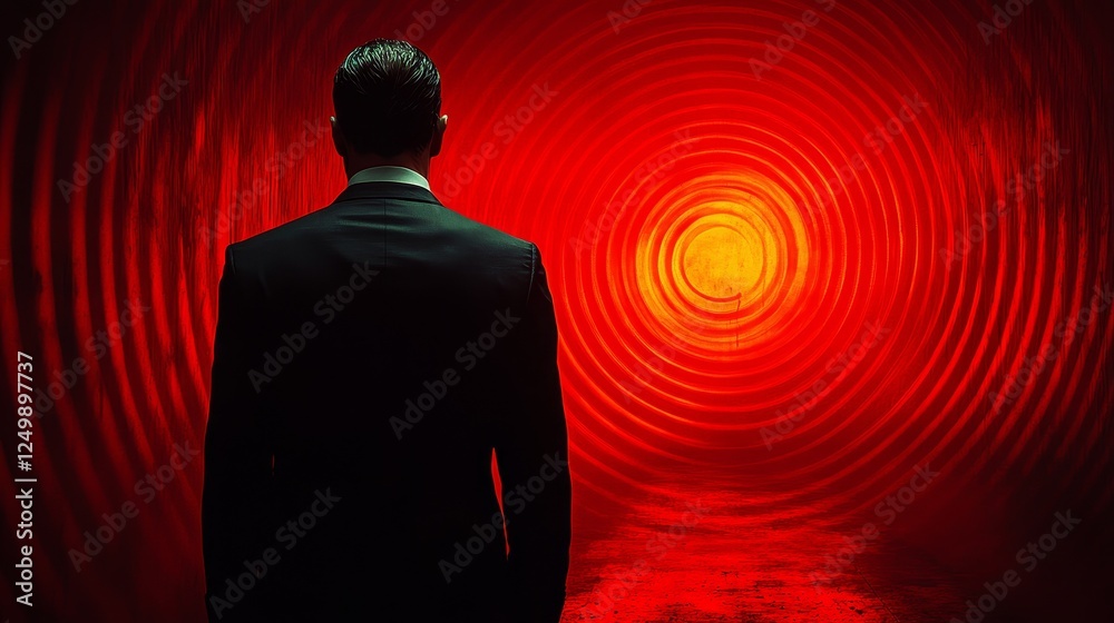 A man in a suit stands in front of a red circle A man in a suit stands in front of a red circle