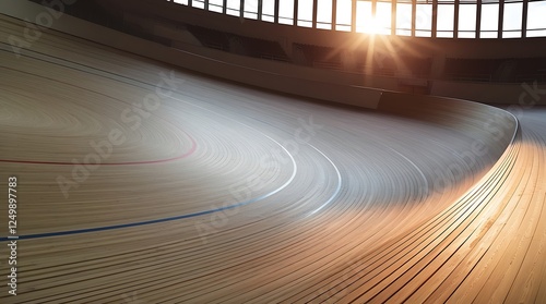 High-angle view of a professionally engineered velodrome track featuring flawless wooden planks, perfect curvature, and captivating symmetry for dynamic sports or design inspiration
