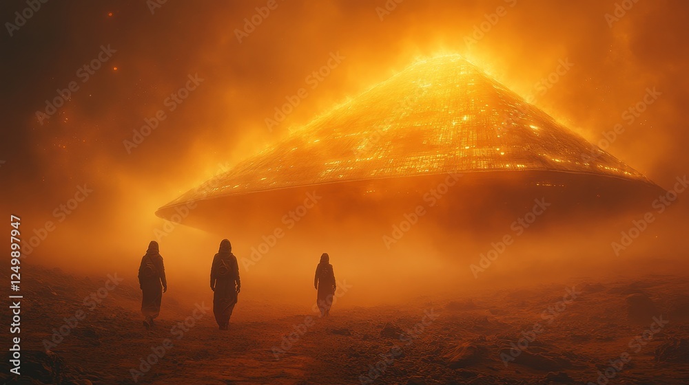 Three people are walking through a foggy desert with a large Three people are walking through a foggy desert with a large