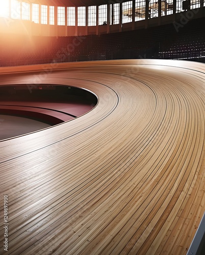 High-angle view of a professionally engineered velodrome track featuring flawless wooden planks, perfect curvature, and captivating symmetry for dynamic sports or design inspiration
