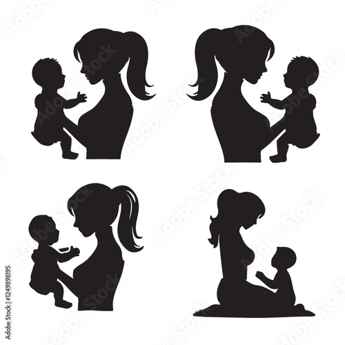A mother holding her baby silhouette black filled vector Illustration icon bundle on white background
