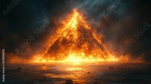 A large pyramid is on fire in the middle of a dark, stormy sky