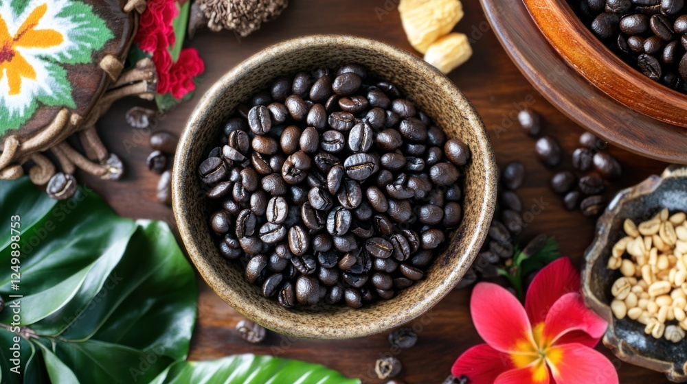 Roasted Coffee Beans In A Brown Bowl With Flowers Roasted Coffee Beans In A Brown Bowl With Flowers