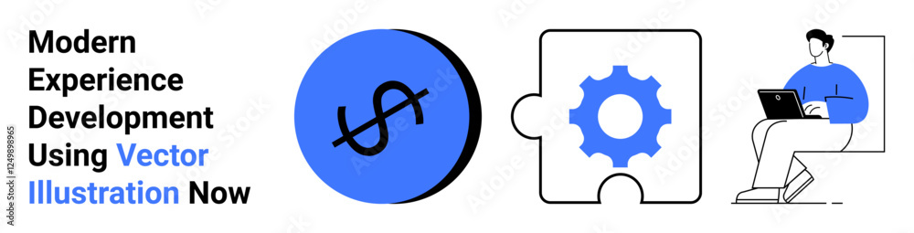Dollar sign circle, gear puzzle piece, and seated professional working on laptop. Ideal for finance, technology, teamwork, problem-solving, digital innovation, business flat landing page banner Dollar sign circle, gear puzzle piece, and seated professional working on laptop. Ideal for finance, technology, teamwork, problem-solving, digital innovation, business flat landing page banner