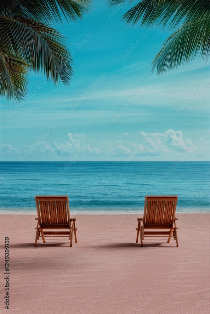 Serene Beach Scene with Two Wooden Chairs Serene Beach Scene with Two Wooden Chairs