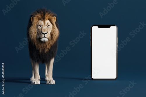 Majestic lion stands beside a large smartphone on a deep navy blue background, strength and power in a luxurious setting photo