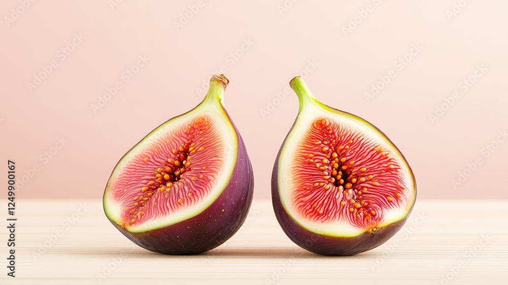 Freshly sliced figs showcasing vibrant pink flesh and seeds against a soft pastel background Freshly sliced figs showcasing vibrant pink flesh and seeds against a soft pastel background