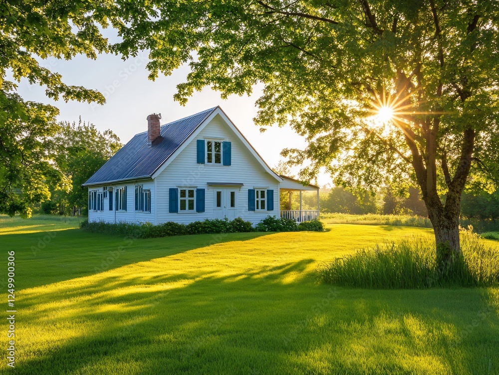 White farmhouse with blue shutters on a sunny green lawn, surrounded by lush trees at sunrise. White farmhouse with blue shutters on a sunny green lawn, surrounded by lush trees at sunrise.