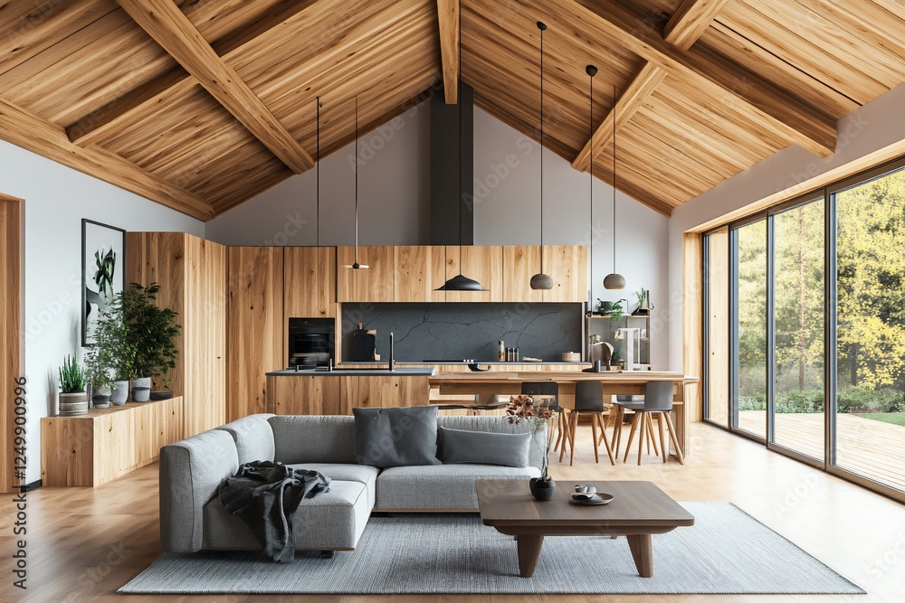 Fototapeta premium Modern open-plan kitchen and living room with wooden beams, vaulted ceiling, and large windows overlooking a garden.