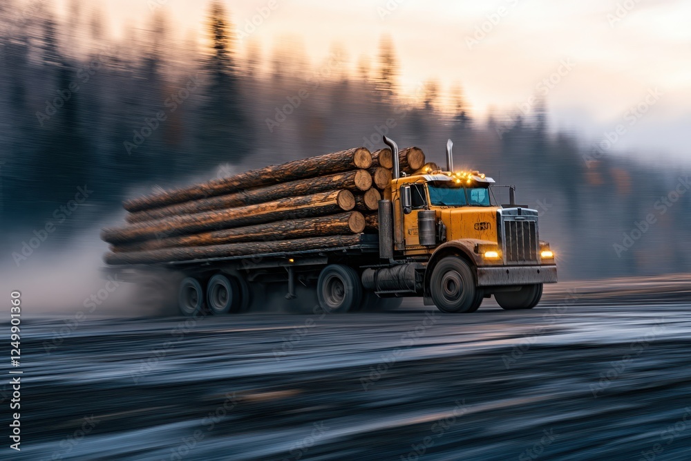 Truck Transporting Logs Through Forest at Sunrise with Motion Blur Truck Transporting Logs Through Forest at Sunrise with Motion Blur