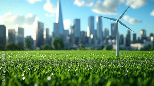 Urban Wind Turbine on Green Grass with Cityscape Background photo