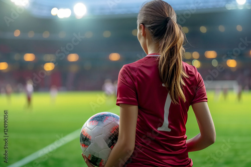 Female Soccer Player, Ball Kick in a Football Match at a Grass Stadium, Number One in Sports Equality on Women's Day