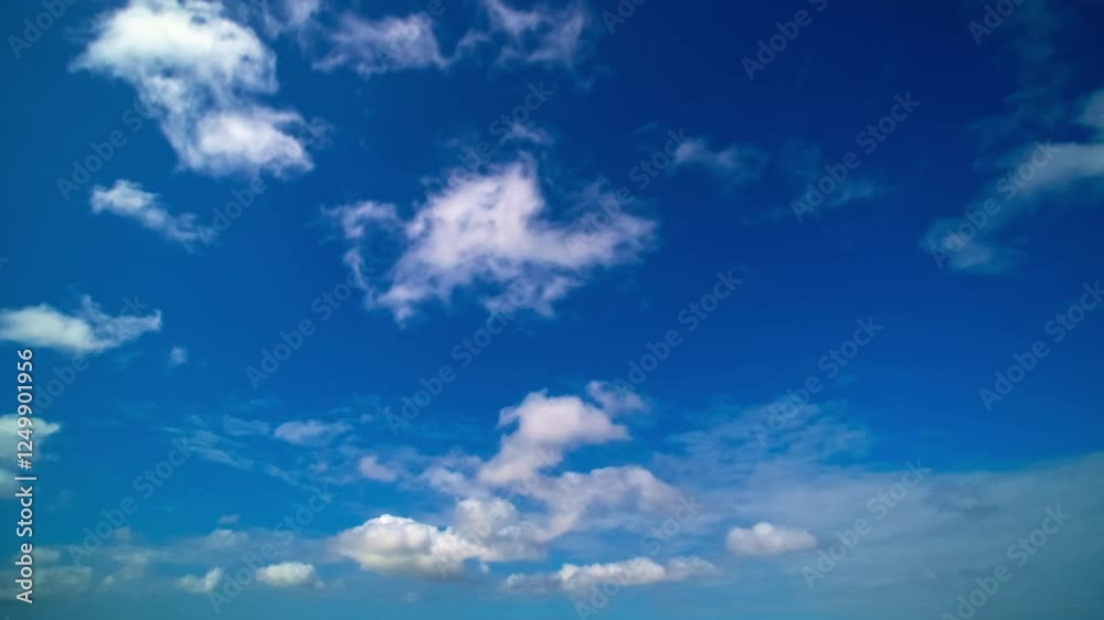 Sky timelapse. Moving clouds and sun. White fluffy clouds slowly float through the blue daytime sky timelapse. Beautiful skies are moving. White cumulus and cirrus. Sky timelapse. Moving clouds and sun. White fluffy clouds slowly float through the blue daytime sky timelapse. Beautiful skies are moving. White cumulus and cirrus.