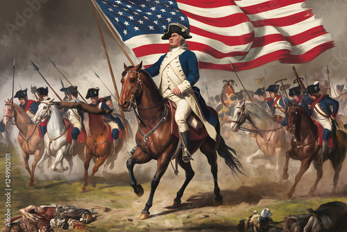 An illustration of a president going on a war. United States president on a horse. Washington