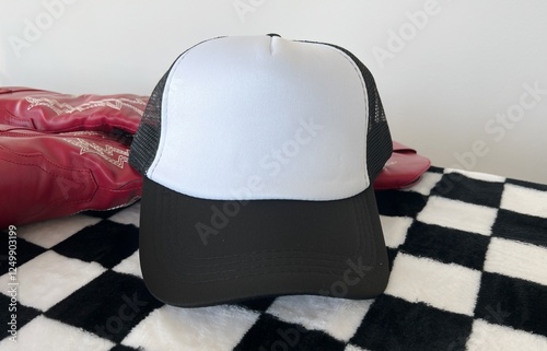 Blank Trucker Hat Mockup, Plain Cap Mocks in Retro Cowboy Style.  No logo.
