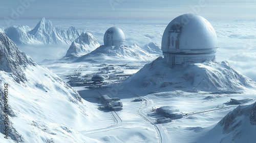 Snow-covered futuristic research station with dome structures in a remote arctic landscape under a clear blue sky, symbolizing innovation, isolation, and exploration in a modern world.

 photo